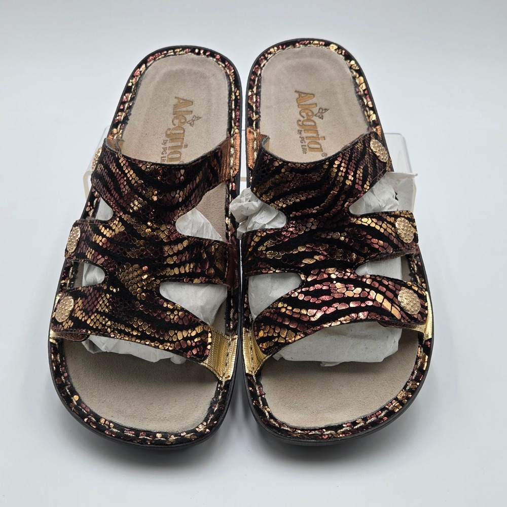 Alegria Women 9.5/10 Venice Slide Sandals Metallic Animal Print Bronze VEN-714